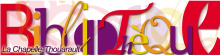 Logo de la bibliothèque. Le mot bibilothèque est écrit en grand et prend toute la l'image, de manière stylisée. Chaque lettre est dans une graphie, une taille et une couleur différente : rouge, jaune ou violet sombre. "La Chapelle-Thouarault" est inscrit en surrimpression, en petit, en bas à gauche du logo.