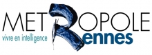 lettres stylisées noir et bleu marine sur un fonds blanc. Il est écrit "Métropole Rennes Vivre en intelligence"