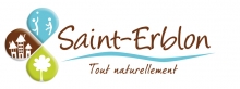 logo de la ville de Saint-Erblon (trèfle à 3 pétales bleu, marron et vert avec texte "Saint-erblon tout naturellement"