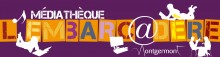 logo de la bibliothèque. les mots "médiathèque l'embarcadère Montgermont". silhouettes de personnes allongées ou assises en train de lire, travailler ou discuter à une table. Silhouette d'un ordinateur, d'une note de musique et d'un livre