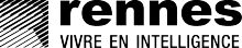 Logo de la ville de Rennes. Un pictogramme représentant un "R" en noir et blanc, suivi de la phrase "rennes vivre en intelligence".