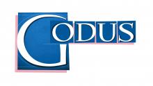 Logo du jeu Godus : le nom Godus en blanc sur fonds bleu