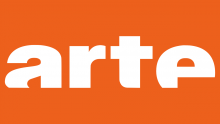 logo de la chaine ARTE. Le mot arte en blanc, rogné sur le bas des lettres, sur fonds orange.