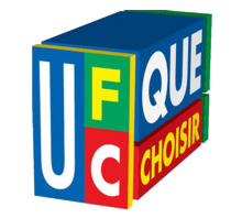 Vue 3D d'un rectangle coloré. Lettres stylisées de couleur jaune et blanche sur fonds de couleurs (bleu, vert, rouge).