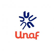 Logo UNAF : lettres stylisées bleues et orange sur fond blanc.