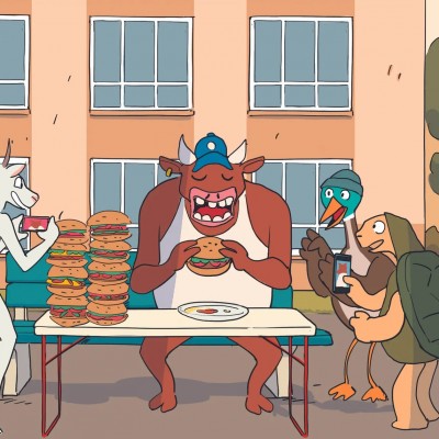 Un personnage mangeant des burgers devant des animaux