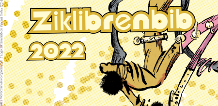 Affiche officielle de l'élection Ziklibrenbib 2022 : une jeune femme en habits jaunes et roses dansant
