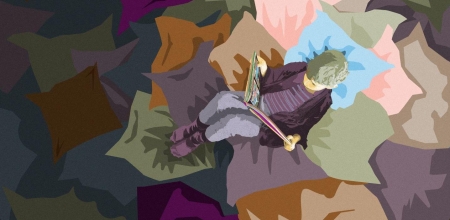 Illustration d'un enfant lisant sur des coussins.