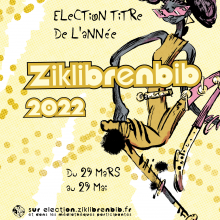 Affiche officielle de l'élection Ziklibrenbib 2022 : une jeune femme en habits jaunes et roses dansant