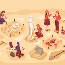Illustration d'archéologues sur un site de fouilles.