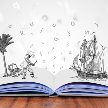 Un livre ouvert avec un scène de fiction prenant vie.