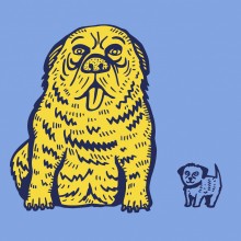 Dessin d'un chien jaune et d'un autre petit chien blanc
