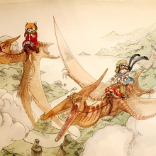 Dessin de boulet représentant deux jeunes aventuriers chevauchant des ptérodactiles