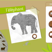 Interface du jeu. À gauche, la sélection de l'animal. Au centre, le jeu concernant l'animal et à droite les choix multiples proposés