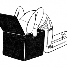 Illustration en noir et blanc d'un personnage la tête plongée dans un carton.