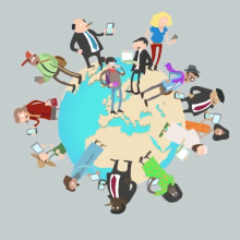 Personnages utilsiant des outils numériques positionnés sur un globe terrestre.