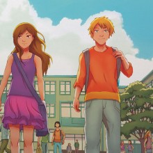 Dessin Bd de deux ados (un garçon et une fille) marchant dans leur établissement