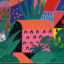 Ville mêlée à de la jungle. On y voit également un tigre