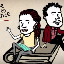 Deux personnages utilisant des appareils mobiles (smartphone et tablette) pour s'autoformer.
