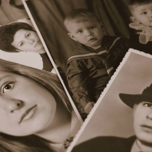 série de photographies (portraits) superposées. Un filtre sépia colore la photo pour la rendre vintage